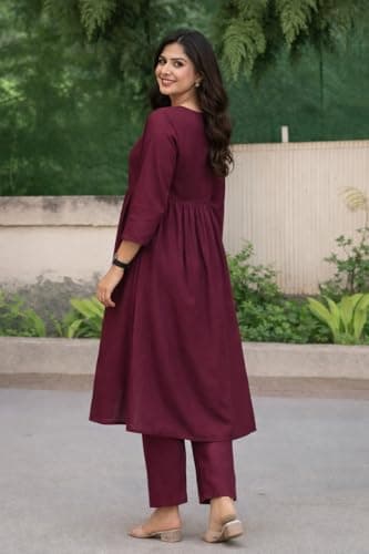 ISTOCAN Women's Long Flared V-Neck with Button Details Anarkali shape, Empire Waist,Kurta Pant Set | Casual Outfit For Office Wear | three-quarter sleeves (WINE, 3XL) 2