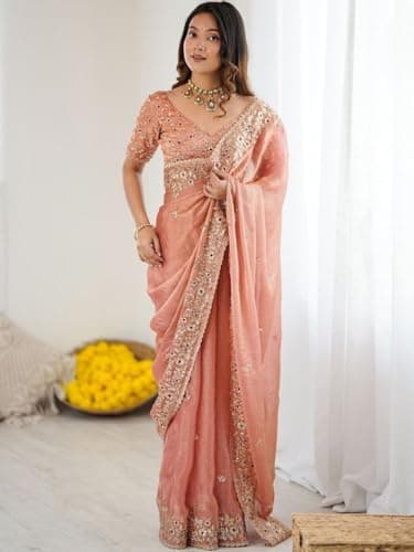 Maa enterprise Designer Traditional Embroidered Saree with Matching Blouse Piece, Festive Ethnic Draping Outfit for Women (Peach) 3
