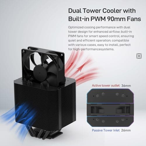 ALSEYE M90 CPU Cooler, Hidden Fan Designed Dual Tower Air-Cooled CPU Cooler with ARGB Light Effect Cover Compatible with Both Intel and AMD Platform, LGA1700 Supported (M90 Black) 3