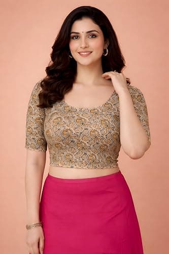 Amazon Brand - Anarva Women's Kalamkari Print Cotton Stretchable Round Neck Readymade Saree Blouse (Kalamkari-Blouse-keri-Beige-XL) 5