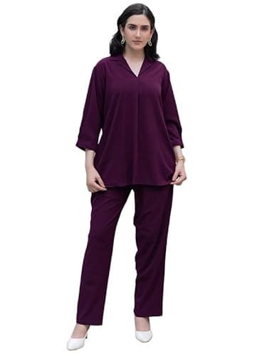 TITTLI Women’s Solid Rayon Co-Ord Set | Collared V-Neck Tunic with Three-Quarter Sleeves & Elastic Waist Trousers | Comfortable Casual Outfit | L to 3XL Wine