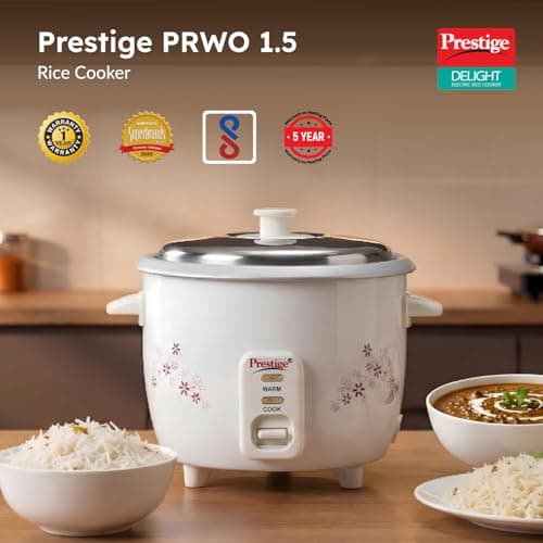 Prestige Delight PRWO 1.5 L Electric Rice Cooker|Detachable power cord|Durable body|Cool touch handles|White| Raw capacity-0.6L|Cooked capacity-1.5 L|Cooks for a family of 4 to 5 members 2