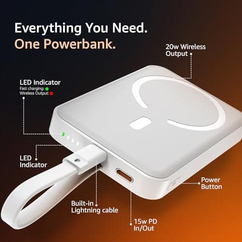 Amazon Basics 10000mAh Magnetic Wireless Power Bank | 15W Wireless Charging & 22.5W PD Output | Built-in Lightning Cable | LED Battery Indicator | White 5