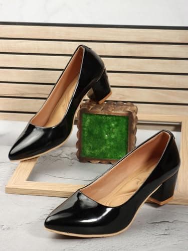 Buy Tale Women’s Black Block Heel Pumps | Comfortable Slip-On Office Wear, Black-7 2