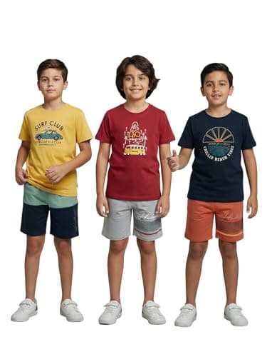 HELLCAT Boys Printed Round Neck T-Shirt with Shorts Set | Multicolor | Pack of 3_Mustard_9-10Years