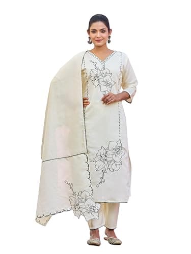 SWORNOF Kurta Set for Women with Dupatta | Premium Cotton Blend Solid Kurta Set for Women with Dupatta | Thready Work | Soft and Skin Friendly | Kurta Pant Set (WHITE, M)