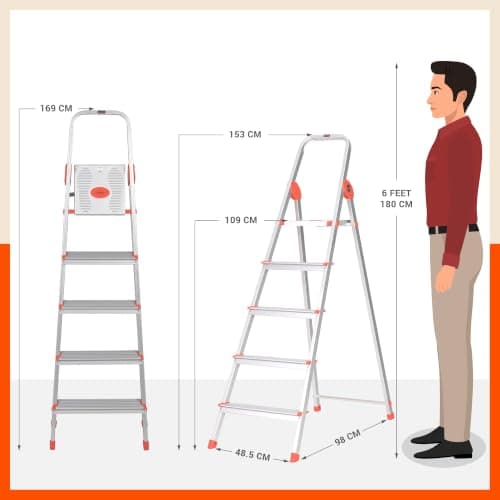 Bathla Safex 5-Step Aluminium Ladder for Home | 150 Kg Load Capacity | Anti-Slip Steps | Sure-Hinge Technology | Edge Guards | Foldable Design | 5 Year Warranty 4