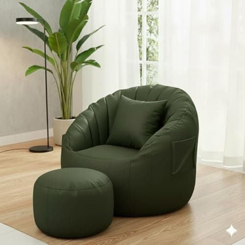 Premium Lounge Bean Bag Sofa Pattern with Footrest & Pillow-(Olive Green) | Ultra-Comfort | Bean Bag with Side Pocket (Cover Only Without Beans) 5XL-Size