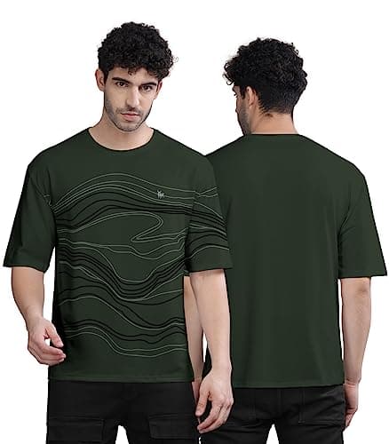 BULLMER Trendy Front Printed Oversized Round Neck T-Shirt for Men - Dark Green/Large