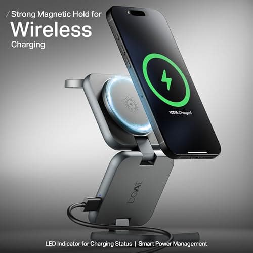 Boat FlexCharge 360 3-in-1 15W Wireless Charger, Foldable, Magnetic Magsafe & Multi-Angle Charging; LED Indicator & Anti-Slip Finish for Apple iPhone 16|15|14, Apple Watch & AirPods (Slate Grey) 4