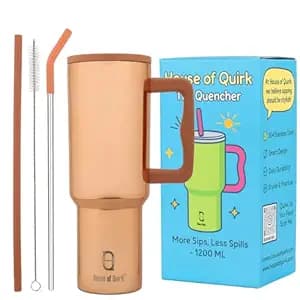 House of Quirk 1200ML Stainless Steel Tumbler with Handle & Lid, 2 Straws – Large Travel Mug Water Cup for Gym, Office & Outdoor Use (Mettalic Gold)