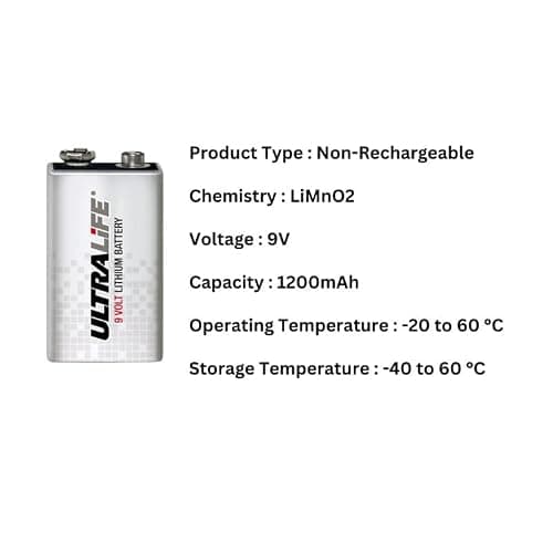 MICROUSB Compatible with Ultralife U9VL 9V Lithium Battery 1200mAh Non-Rechargeable PP3 Power Cell High Performance Long-Life Battery for Smoke Detectors Security Systems Medical (Pack of 1) 3