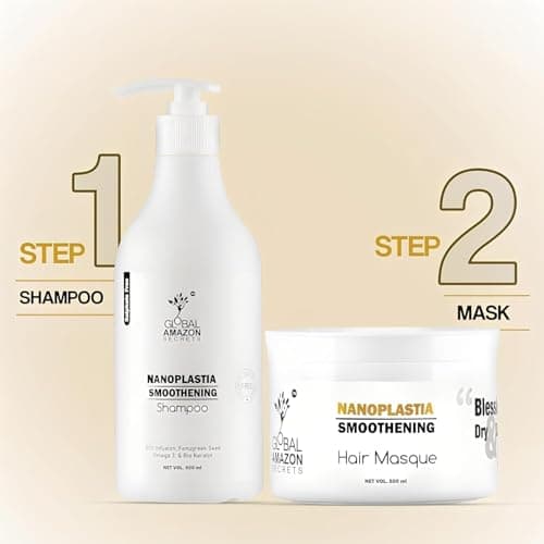 Global Amazon Secrets Original Nanoplastia Smoothening Shampoo & Hair Mask 500ml each, FREE ENZO Keratin Serum 100ml 4
