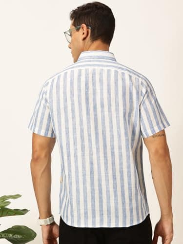 Thomas Scott Mens Half Sleeves Cotton Linen Striped Casual Shirt (TS1375_Blue, S) 4