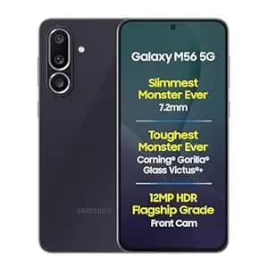 Samsung Galaxy M56 5G Mobile (Black, 8GB RAM, 128GB Storage)| Segment Slimmest | Gorilla Glass Victus+ | 10 Bit HDR Video | 50MP Camera | AI | Vapour Cooling Chamber | Lag-free Gaming| Without Charger