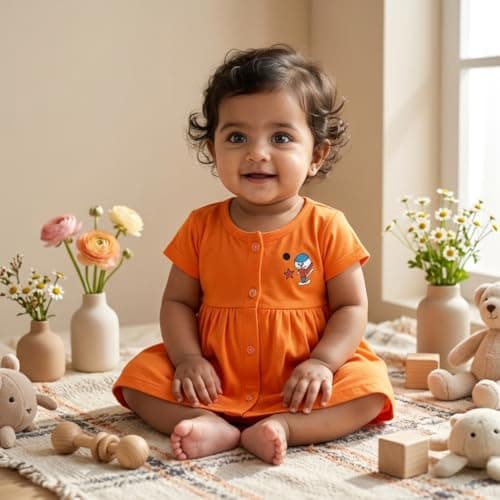 KIDEEZGUILD... 100% Pure Cotton Baby Girls Frock Dress Front Open Soft Breathable Half Sleeve Knee Length Daily Casual Wear Solid Color Summer Girl's Dress (in, Age, 3 Months, 6 Months, Set of 6 A) 4