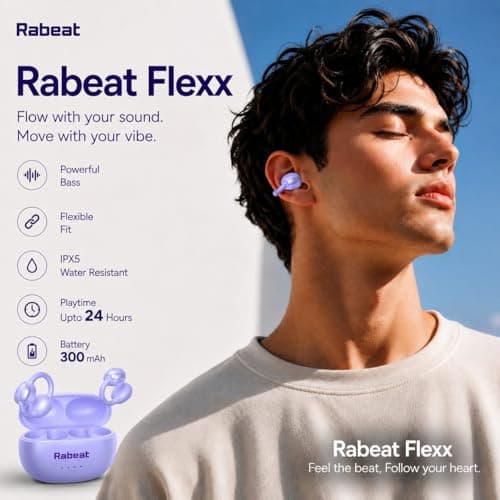 Rabeat Flexx Air Buds OWS Earbuds with Clip-On Fit, Air Conduction Tech, 50HRS Battery, 4Mics ENx, Dual EQ Modes, 10mm Drivers, 40ms Latency, Bluetooth Wireless Earphones, Cool Purple 4