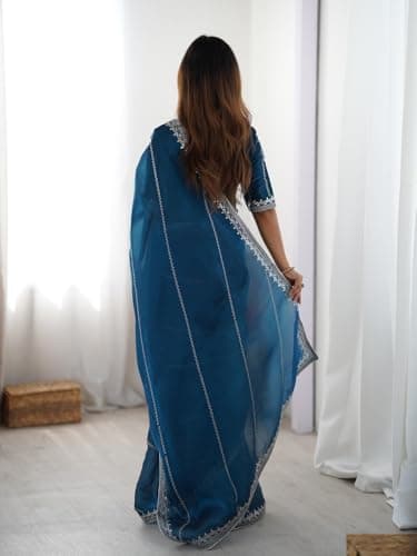 CURVVIES CRECKK Blue Silk Blend Zari Sequence Embroidered Saree with Unstitched Blouse|style 765 2