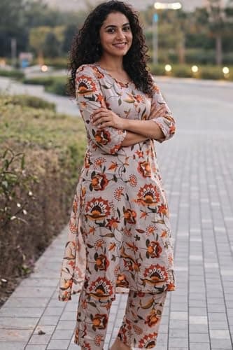 Women’s Floral Printed KURTI Set | KurtI with Pants | Casual & Festive Ethnic Wear 3/4 Sleeves | Co ord Set For Women Stylish | 2 Piece Dress For Holiday Look (IN, Alpha, XL) 3