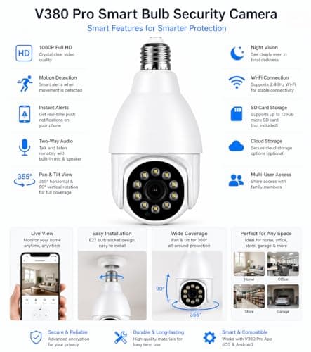 JB Supar 4Mp WiFi Bulb CCTV Camera for Home Security | 360° Rotation | Color Night Vision | Motion Detection Two-Way Audio | Wireless Light Bulb Camera with Mobile App V380 Pro (Heavy Light Camera) 4