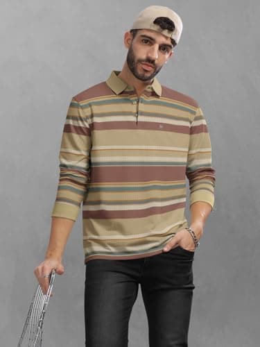 BULLMER Striped Textured Printed Polo Neck Fullsleeve T-Shirt with Rib for Men_Khaki_X-Large 5