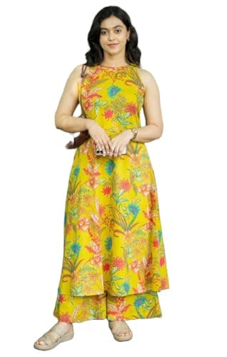 Klosia Nermosa Women Pure Cotton Kurta Palazzo Set | Sleeveless Printed Kurta with Palazzo Pants | Summer Friendly, Office Wear Co-Ord Set Yellow