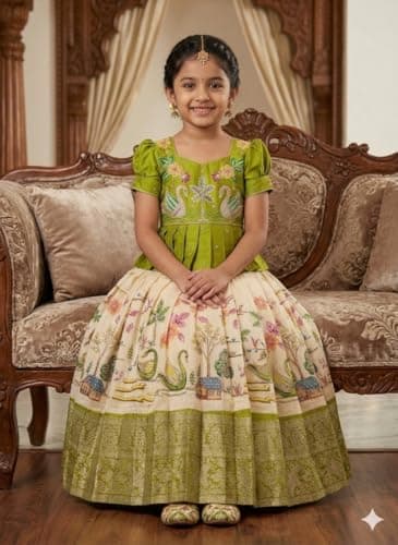 White Button New Latest Girls' Traditional South Indian Pattu Pavadai Set | jacquard Lehenga Choli with Embroidery & Pen Kalamkari Print 2