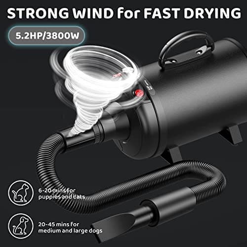 24x7 eMall Pet Hair Dryer, 5.2HP/ 3800W High Velocity Pet Blow Dryer with Heater for Grooming, Speed Temperature Adjustable Dog Blower Grooming Dryer with 3 Nozzles For Dogs And Cats. 4