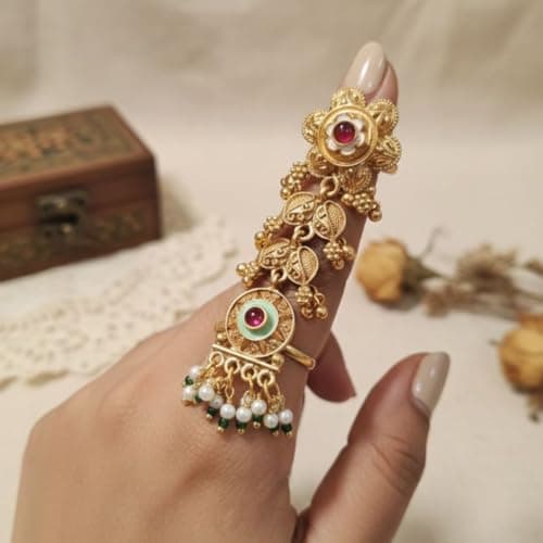 Iksava Traditional Gold Plated Meenakari Adjustable Floral Desgin Statement Double Finger Ring for Women and Girls | Bridal Ring for Women 2