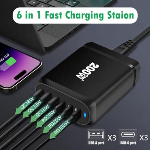 MX 200W GaN USB C Charging Station, 6-Port Desktop Charger with PD 100W Type C Power Supply QC3.0 Fast Charging for MacBook Pro 16"/Air, Dell XPS, iPad Pro, iPhone 17/16/15, Galaxy S25/S24 3