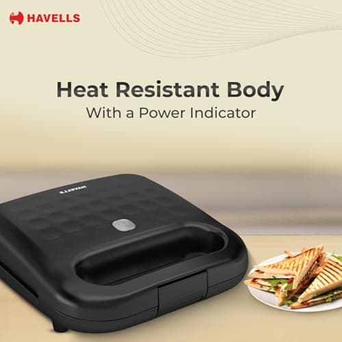 Havells Meltz Grill Sandwich Maker | 800 W | Power Indicator Light | Non-Stick Coating Plates | Heat Resistant Body | Quick Heating (Black) 5