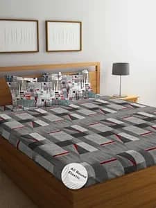 DECOMIZER Cotton Feel Glace Cotton Elastic Fitted Printed King Size Double Bed Bedsheet with 2 Pillow Coverm Fits Upto 10 to 12 inches Mattress,Size- 72x78x14 Inches,Grey Red Box