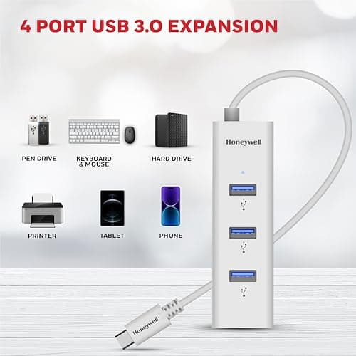 Honeywell Momentum Type C to 4xUSB 3.0 Hub, Super-Fast Transmission Speed 5GBPS, Max Current 900mA per Port, Universally Compatible with All Type C- MacBook, Laptop, PC, Printer, Mobiles, Keyboard 3