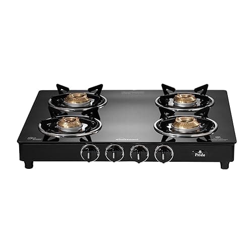 Sunflame Pride 4 Burner Gas Stove | 2 Medium and 2 Small Brass Burners | 2-Years Product Coverage by Sunflame | Ergonomic Knobs | Easy to Maintain | Toughened Glass Top | PAN India Presence| Black