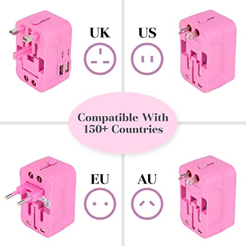 rts High Speed 25W Wall Charger Dual USB Universal Travel Adapter International All in One Worldwide Travel Multi Plug Cable & with Build in Dual USB Charger for USA EU UK AUS Laptop Smartphone(Pink) 5