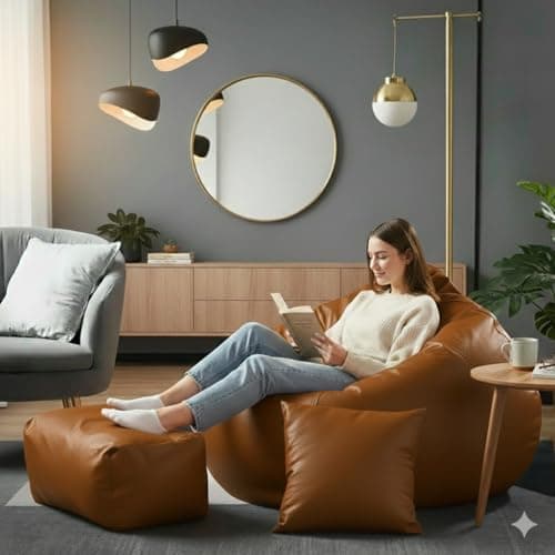 GIGLICK Luxury 5XL Jumbo Bean Bag with Footrest & Cushion | Premium Leatherette | High-Density Beans Filled | Heavy Duty Double Stitch | 6 Months Warranty Color- (Navy Blue) (TAN)