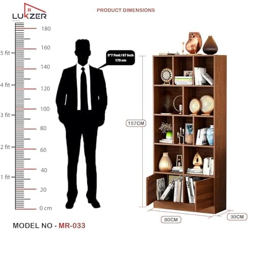 Lukzer 10 Open Cube Bookcase Storage Organizer with 2 Push Latch Doors Cabinet | Engineered Wood Multipurpose Bookshelf Display Rack for Home & Office | DIY Assembly (MR-033/Oak Brown/157x80x30 cm) 2