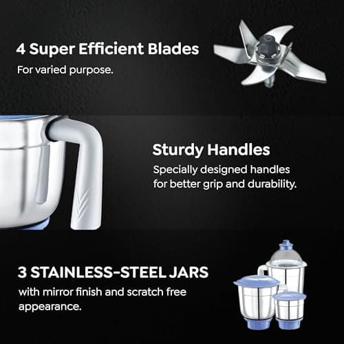 Prestige Iris 750 Watt Mixer Grinder with 3 Stainless Steel Jar + 1 Juicer Jar (White and Blue) 4