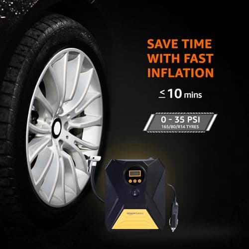 Amazon Basics Portable DC Digital Tyre Inflator for Cars & Bikes| 12V DC | 150 PSI Air Pump with Digital Pressure Gauge, Auto Shut Off and Emergency LED Light | 3M Cable Length, 3 Nozzles, Extra Fuse 4