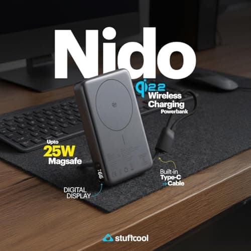 Stuffcool Nido 10000mAh Qi2.2 Certified Magsafe Powerbank, 25W Fast Wireless Charging, 45W PD Fast Charging, Built-in USB-C Cable & Stand, Digital Display, Compatible with iPhone, Samsung & Pixel 2