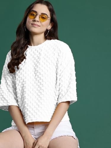 Zilcon Womens Round Neck Drop Shoulder Tops Half Sleeve Drop Shoulder Woman Stylish Western Knit Ribbed Casual T Shirt (in, Alpha, M, Regular, White) 3