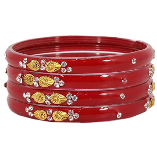 NMII Glass with Zircon Gemstone and Beads Studded Glossy Finished Kada For Women and Girls, Pack of 4, (TRed_2.8 Inches) 3