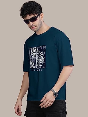 BULLMER Trendy Front Printed Oversized Round Neck T-Shirt for Men - Petrol Blue/Large 5