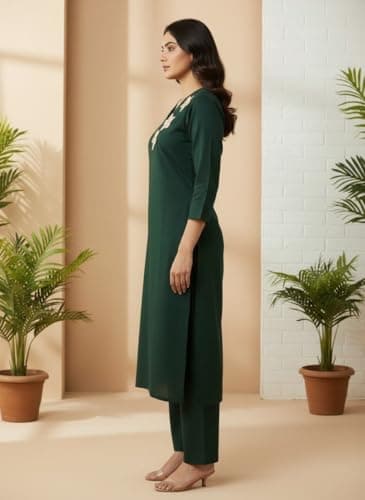 DESI BLOOM Women's Pure Cotton Kurta Pant Set, V-Neck, Embroidered, 3/4 Sleeves, Straight Kurta, Ethnic Co-Ord Set for Daily, Office, Festive (IN, Alpha, L, Regular, Bottle Green) 4