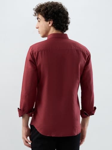 Park Avenue Men Slim Fit Solid Pattern Linen Cotton Blend Semi Cutaway Collar Full Sleeve Casual Shirt Red 4