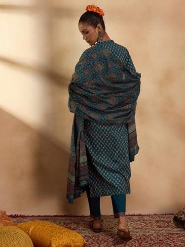 INDO ERA Women's Teal Pure Cotton Ethnic Motif Printed Straight Kurta & Pant with Dupatta Set (KH0TL5483_X-Small) 4