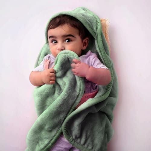 haus & kinder Fur Blanket & Hooded Blanket for New Born Upto 6 Months - 450 GSM Super Soft Blanket for New Born Baby, Warm Blankets for Winter, Baby Warm Blanket Plush, 75X75 CM, Sage Green, 1 Pc