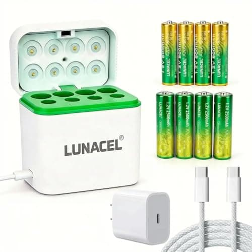 LUNACEL® AA AAA Rechargeable Batteries 1.2V Ni‑MH — AA 2500mAh & AAA 800mAh (8-Pack) with Wireless Fast Charger Kit | 120‑Min Rapid Charge | 1000+ Cycles, Long Life | OEM 1‑Year Warranty
