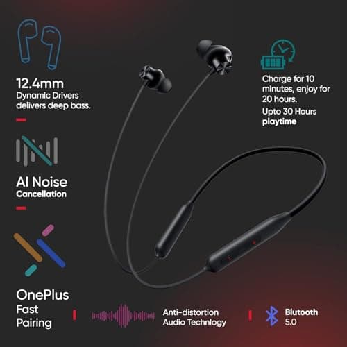 Original Bluetooth Z2 Neckband Compatible with OnePlus Bullets Z2 Bluetooth Wireless in Ear Earphones with Mic, Bombastic Bass - 12.4 Mm Drivers, 10 Mins Charge - 20 Hrs Music, 30 Hrs Battery Life 4
