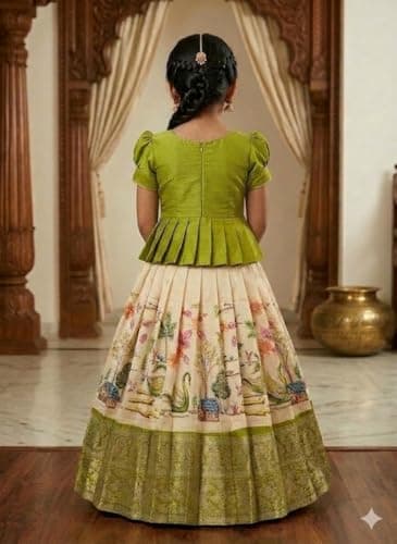 White Button New Latest Girls' Traditional South Indian Pattu Pavadai Set | jacquard Lehenga Choli with Embroidery & Pen Kalamkari Print 4